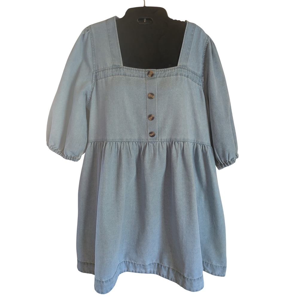 Babydoll Dress L Cottagecore Boho Prairie Puff Sleeve Mini Denim Western Country